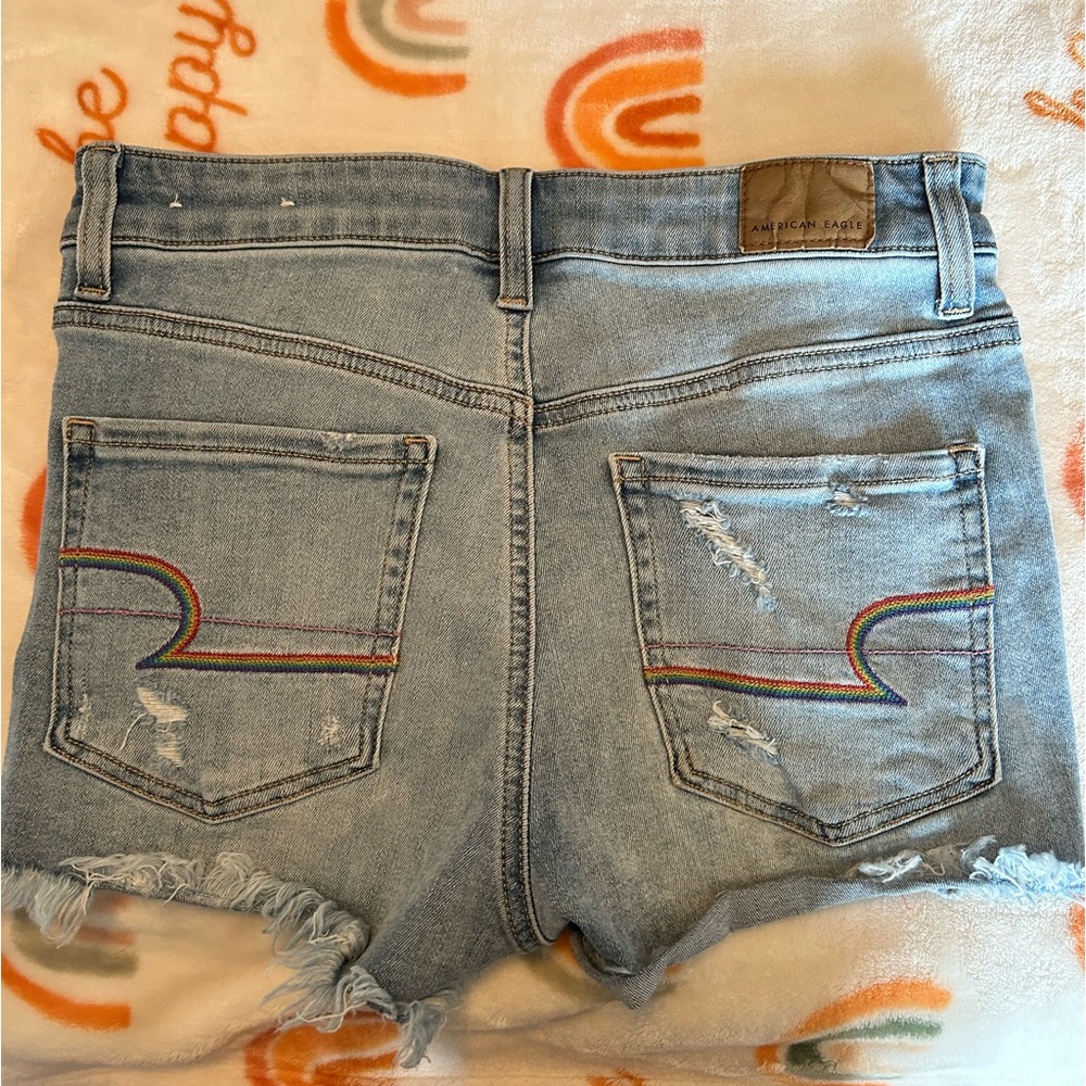 american eagle shorts, rainbow stripes on back